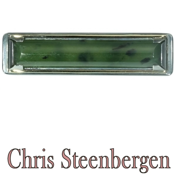 Artist Jewelry by Chris Steenbergen silver and gold bar brooch set with nephrite